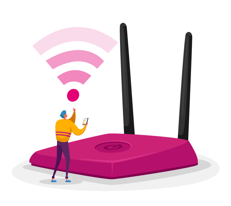 Animated person happily using high-speed internet with strong signal from a pink modem, representing affordable NBN network plans on Best Australian Internet.